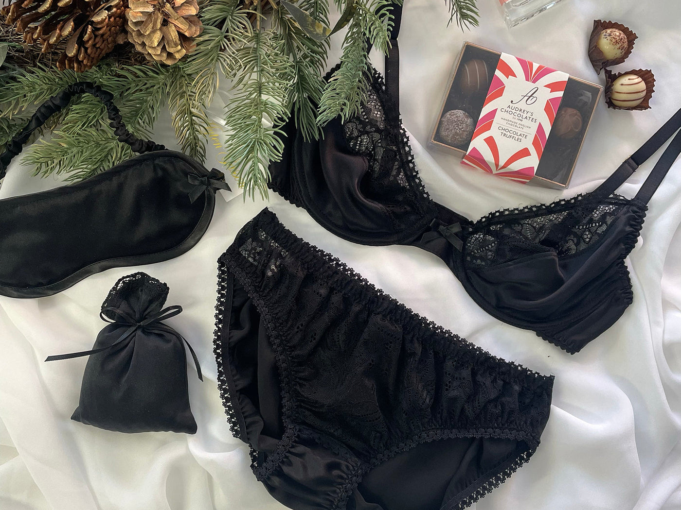 Elegant black silk handmade lingerie set, perfect for a luxurious Christmas gift