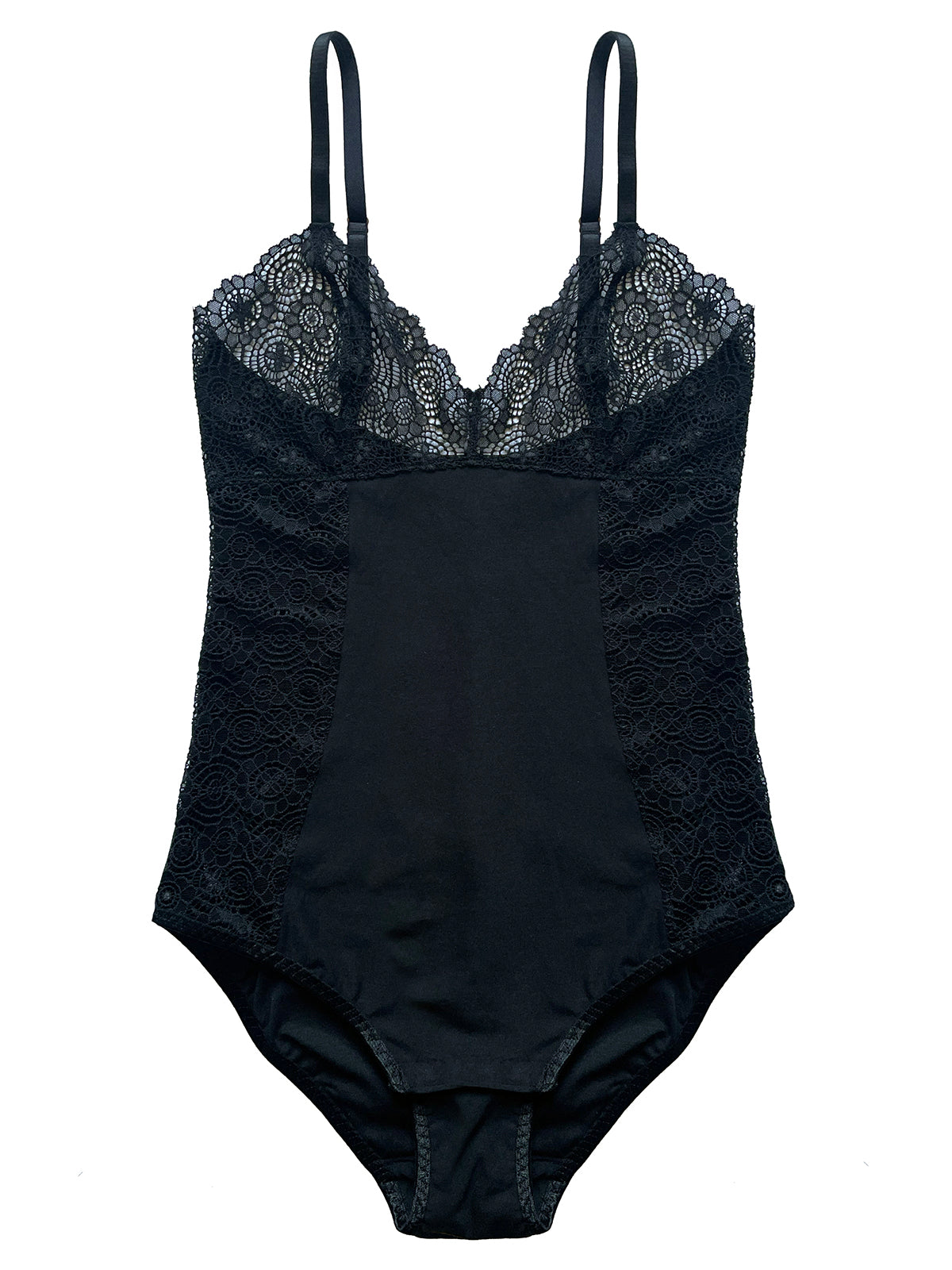 Black lace bodysuit with Oeko-Tex certified recycled lace cups