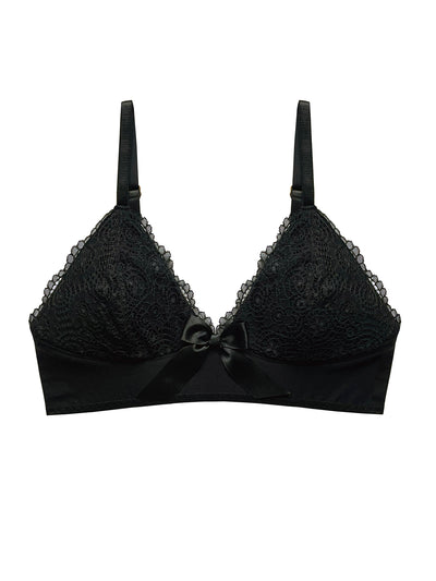 Longline black bralette with non-wired lace cups and satin ribbon bow