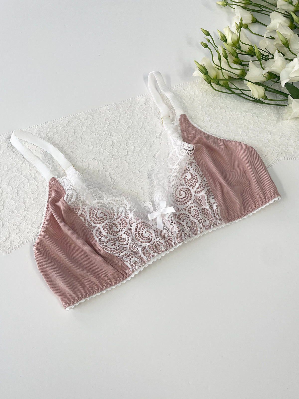 Handcrafted pink bralette made from GOTS certified organic bamboo jersey and Oeko-Tex certified lace for a safe, eco-friendly option