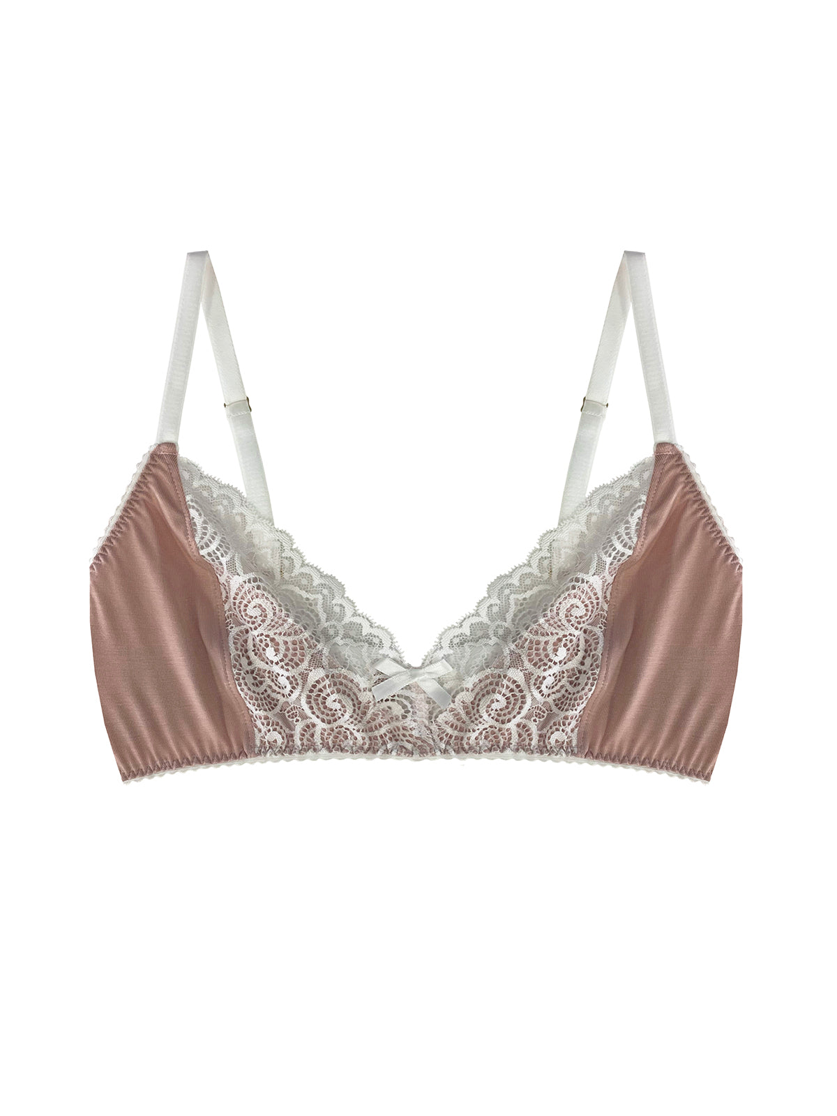 Sustainable pink bralette with adjustable straps, hook and eye fastener, and certified lace detailing for a comfortable fit