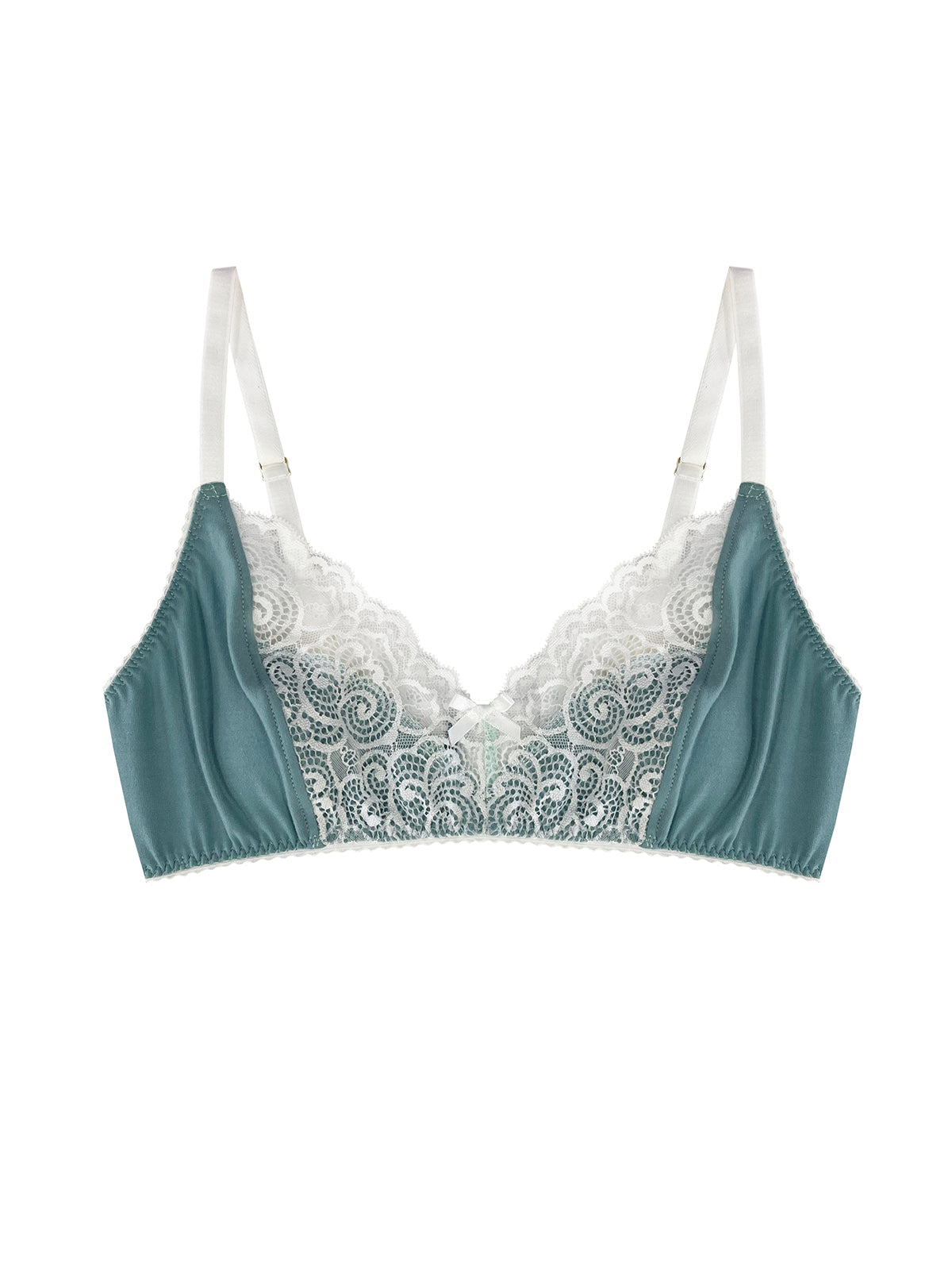 Sustainable bralette with adjustable straps, hook and eye fastener, and certified white lace detailing for a comfortable fit