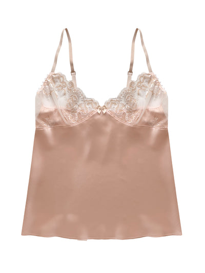 Bias-cut peach camisole with pleated lace cups and gold-tone adjustable straps