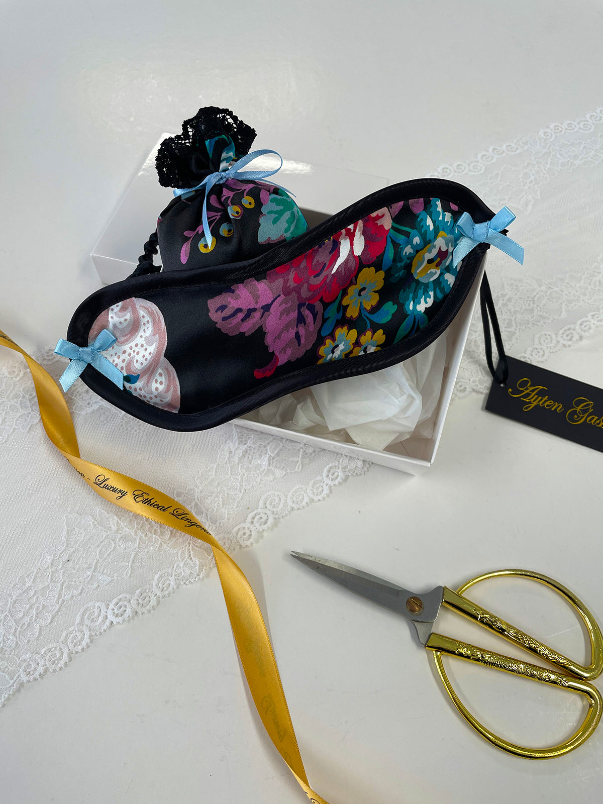 Silk eye mask and lavender bag set with floral print, handmade in Brighton studio