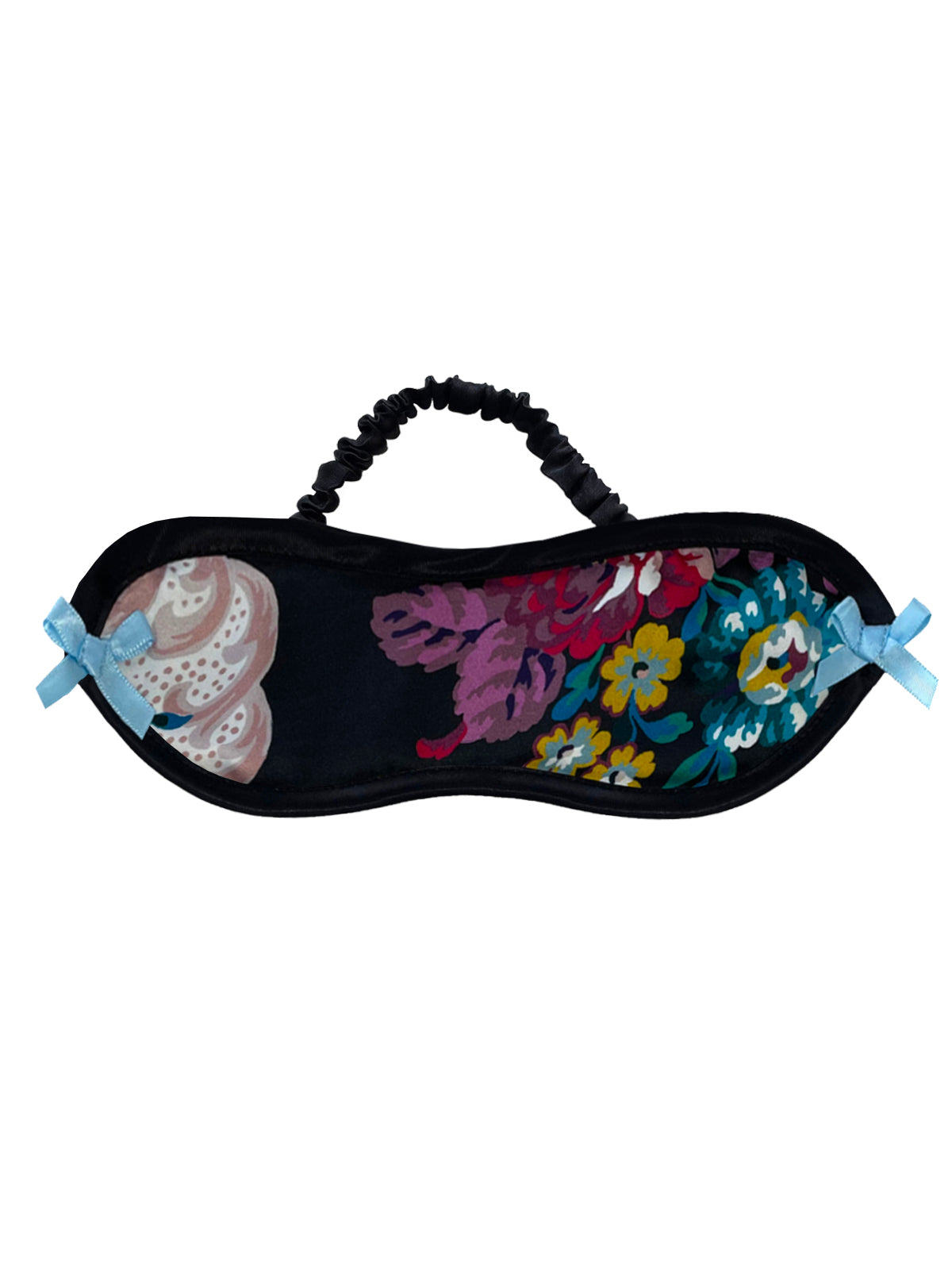 Luxury floral silk sleep mask with Liberty London rose bouquets on black background, handmade with comfort lining and silk-covered elastic strap