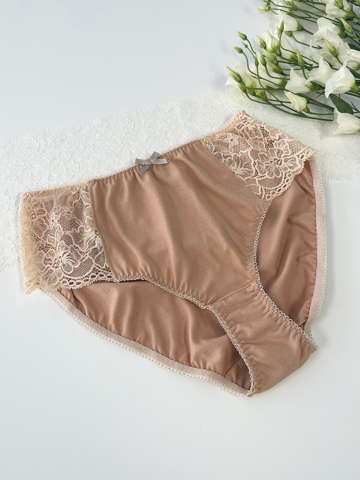 Lydia Beige Recycled Cotton Jersey & Lace High Waisted Knicker