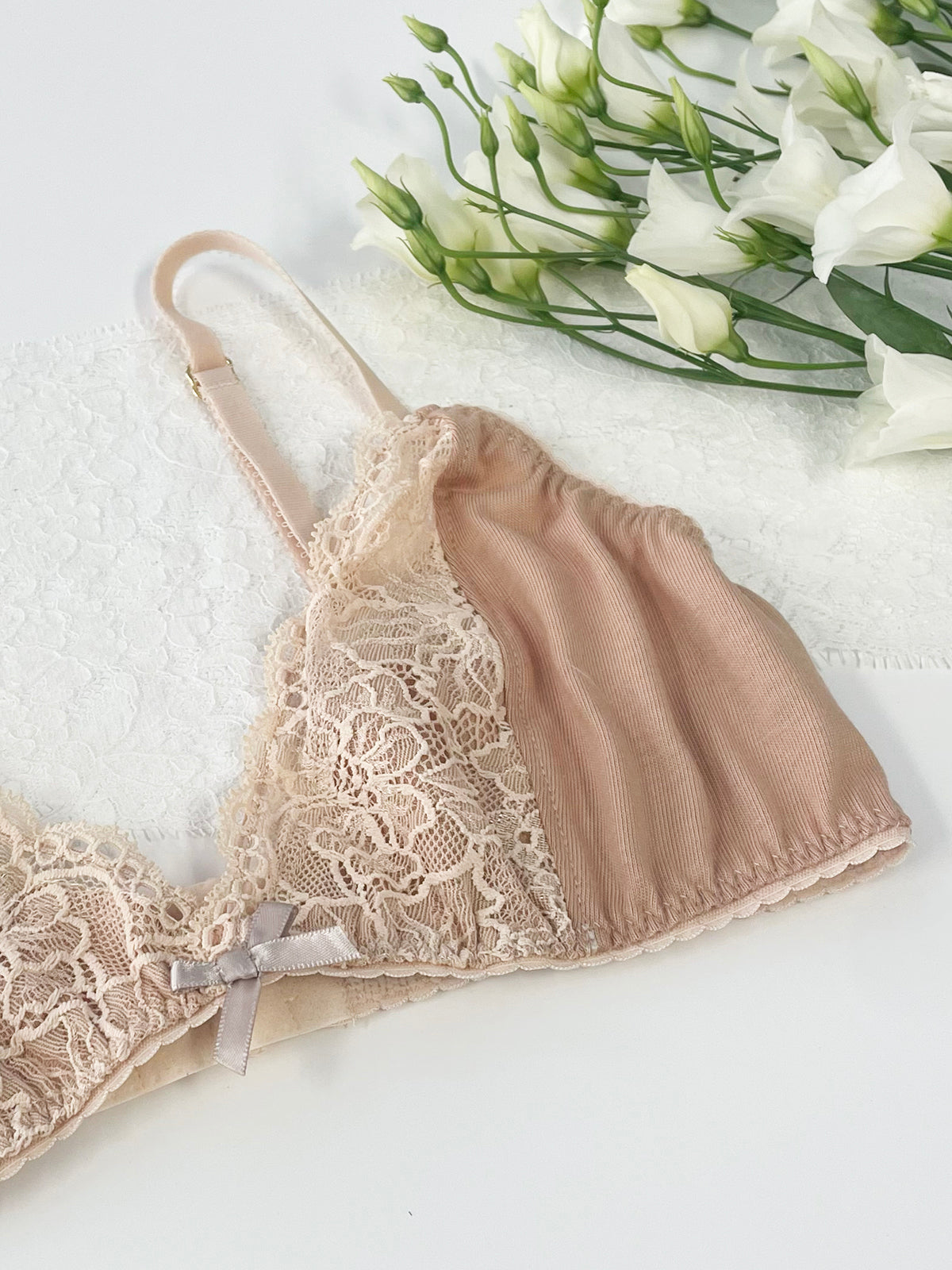 Lydia Taupe Recycled Cotton Jersey & Lace Bralette Close Up