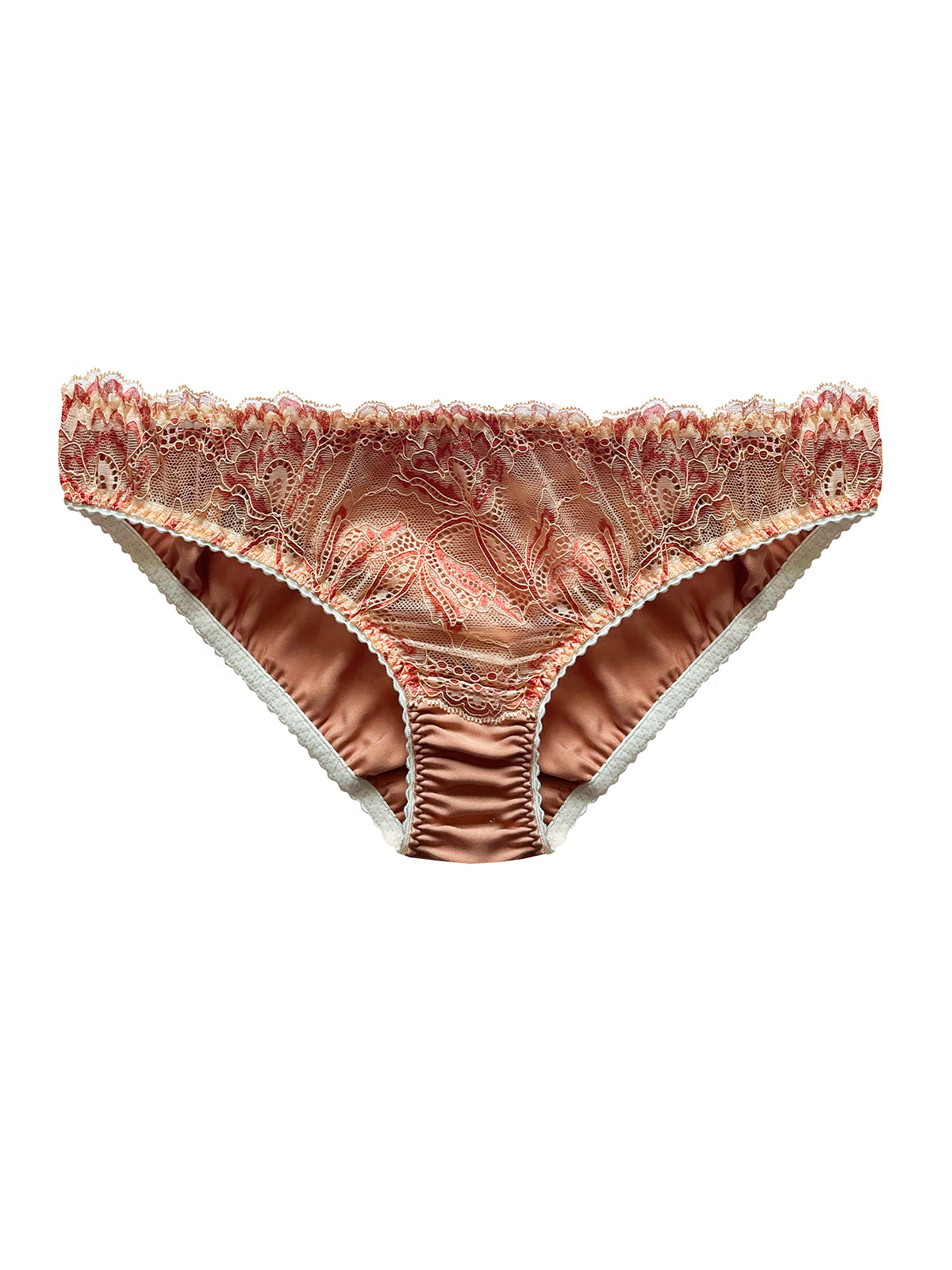 Sustainable bamboo silk knicker with Oeko-Tex certified lace in peach and coral tones