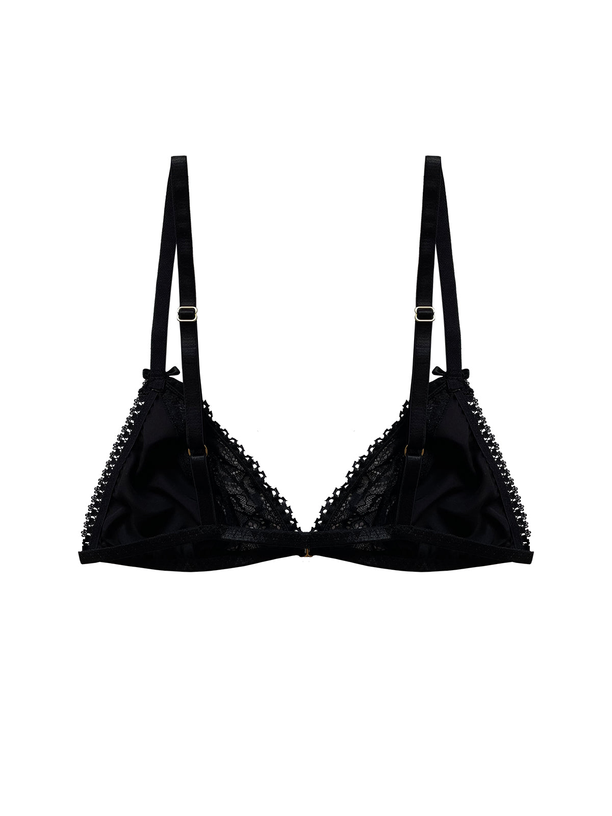 Elegant black triangle bra with Oeko-Tex lace and gold accents, including a swan hook closure