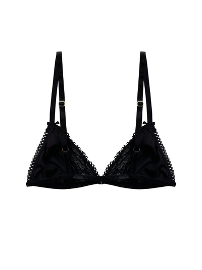 Elegant black triangle bra with Oeko-Tex lace and gold accents, including a swan hook closure