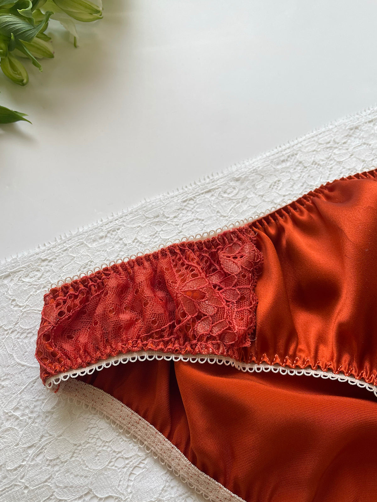 Sienna terracotta knicker with 100% silk back and Oeko-Tex-certified lace.