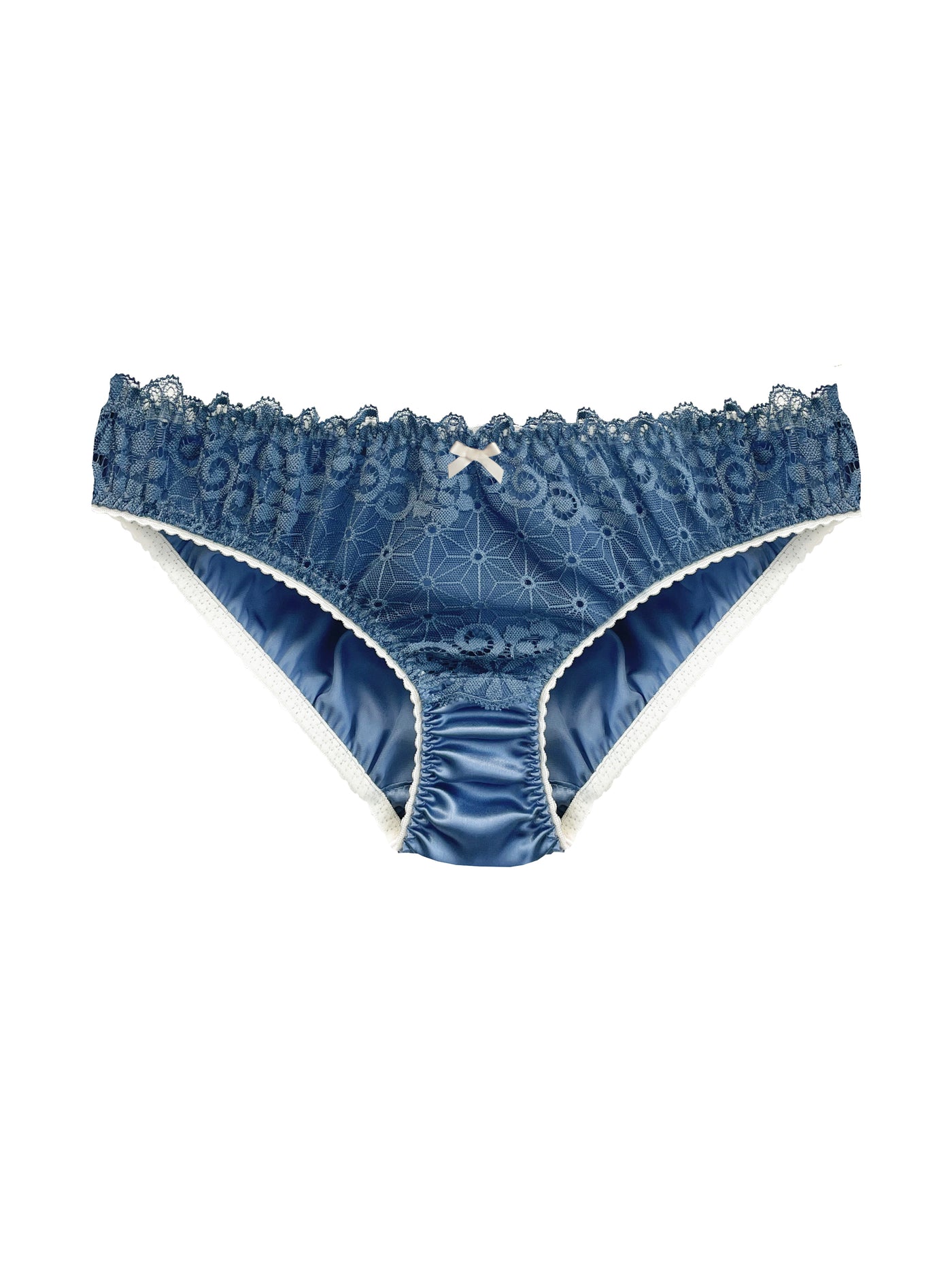 Elegant blue silk knicker with floral lace trim, cream elastic, and satin bow