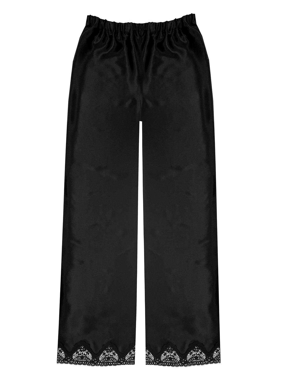 Luxurious black silk pyjamas with elasticated waist and floral lace detail