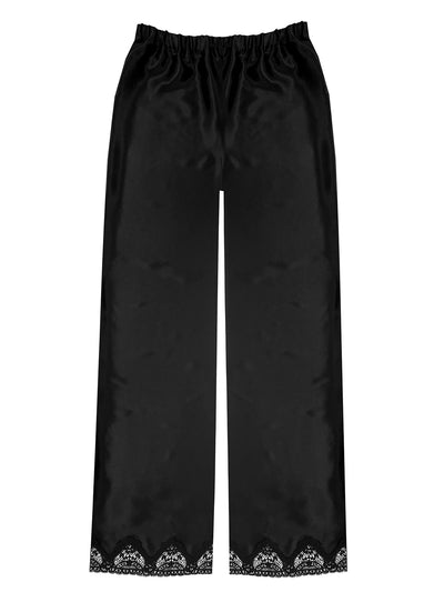 Luxurious black silk pyjamas with elasticated waist and floral lace detail