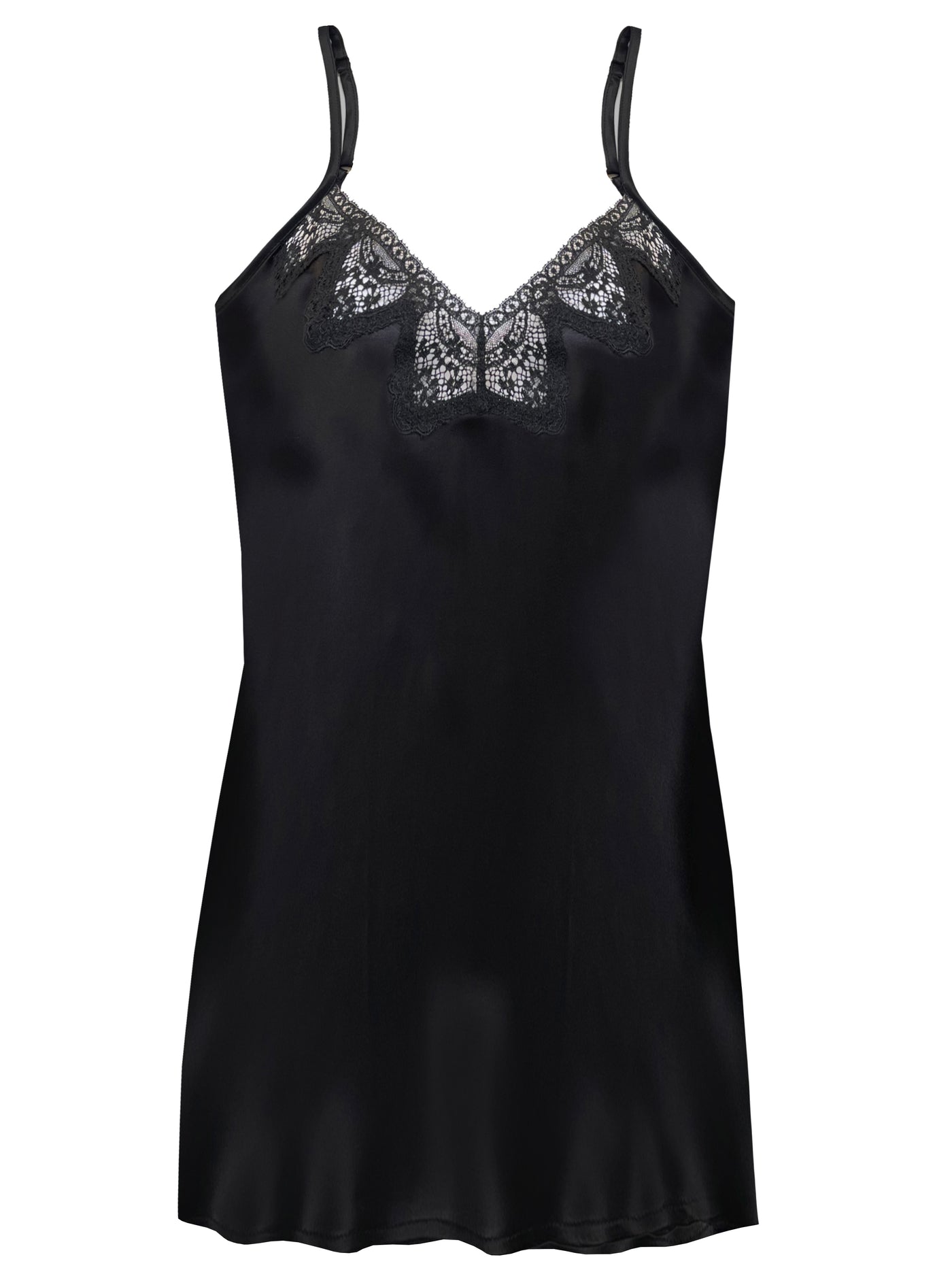 Classic black silk slip with V-neckline, adorned with delicate floral cotton lace