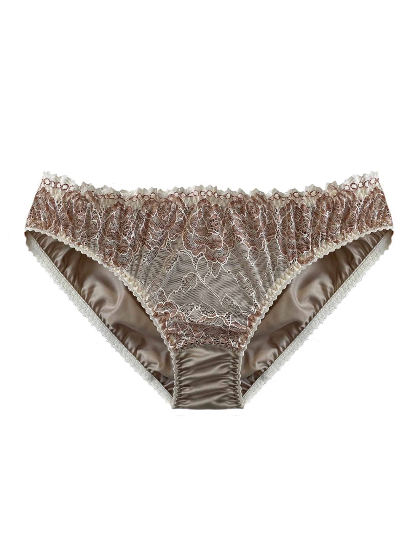 Eco-friendly stone-colored knicker crafted from Oeko-Tex certified lace and organic bamboo silk, promoting sustainability and comfort.