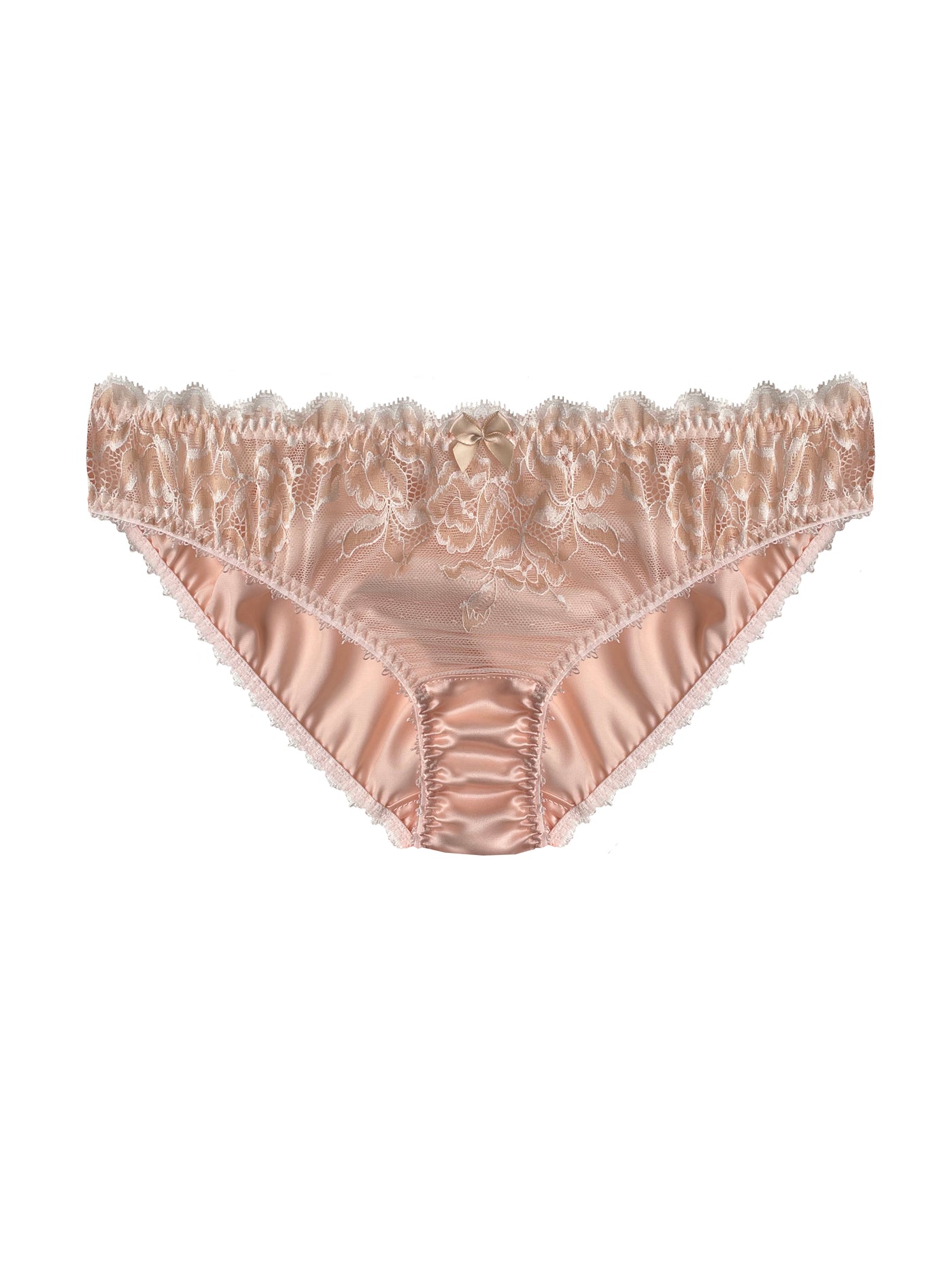 Elegant peach silk knicker with Oeko-Tex certified lace front and peach satin bow at centre