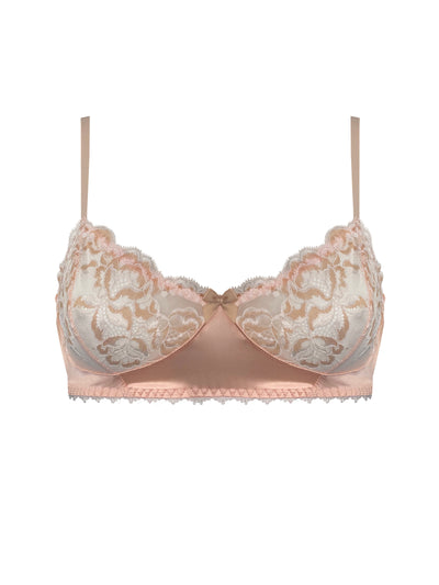 Non-wired peach silk bra with Oeko-Tex certified cream stretch lace, adjustable gold-tone straps, and hook-and-eye back fastening