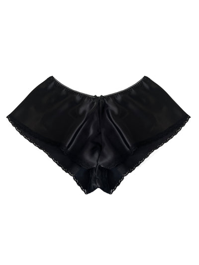 Black silk satin French knickers with delicate lace trim and low-cut design