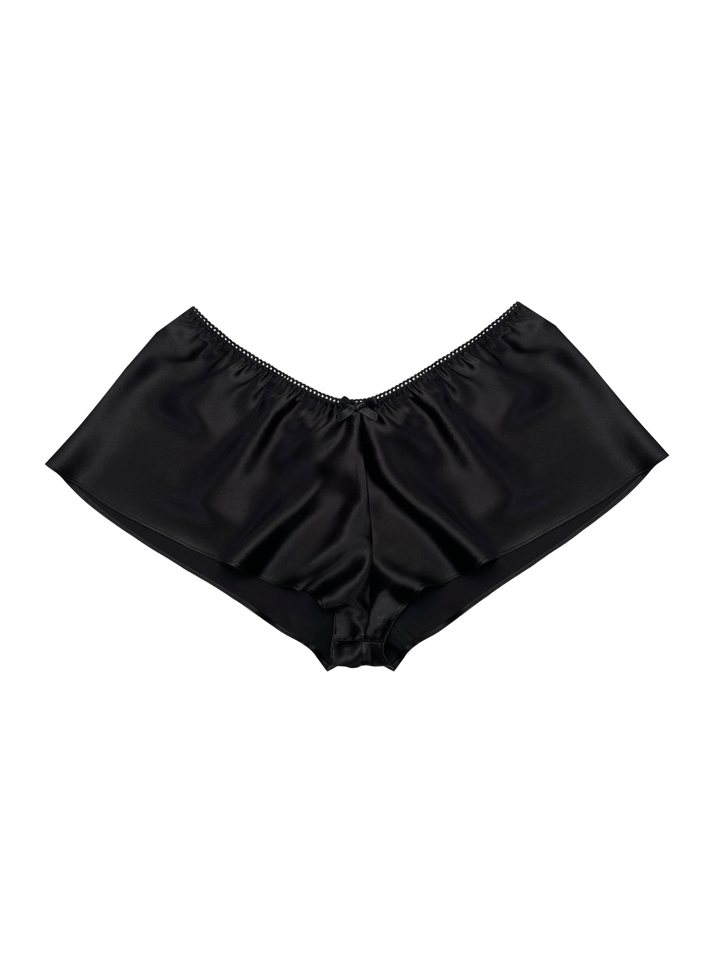 Luxurious low-rise black silk French knicker with centre bow detail and roll hem finish